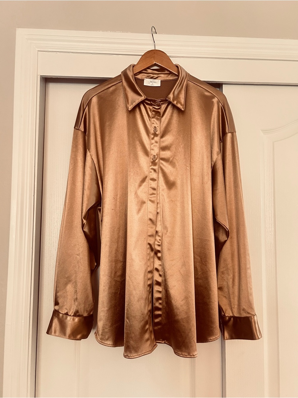 Lovers + Friends Satin Button-Up Shirt in Copper